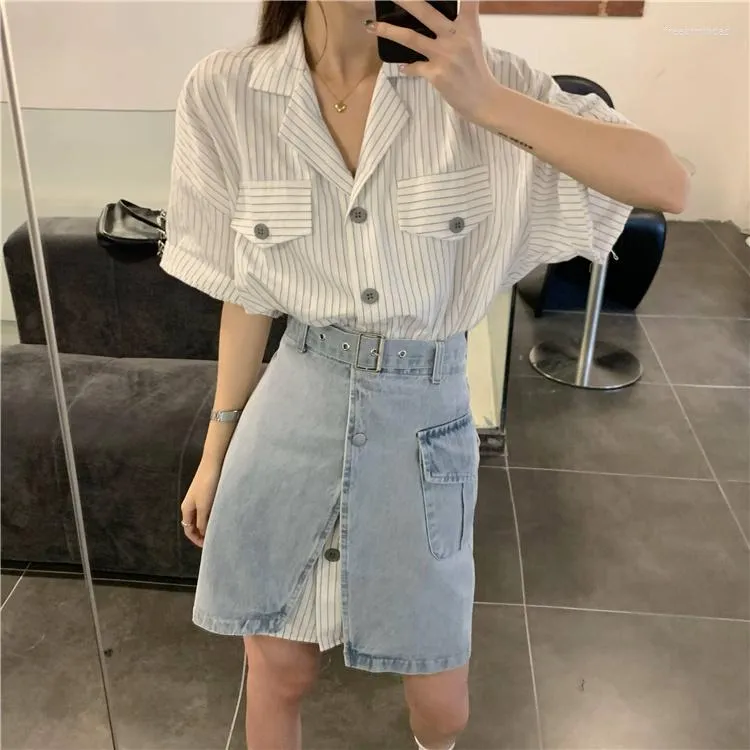 Striped denim skirt suit cheap