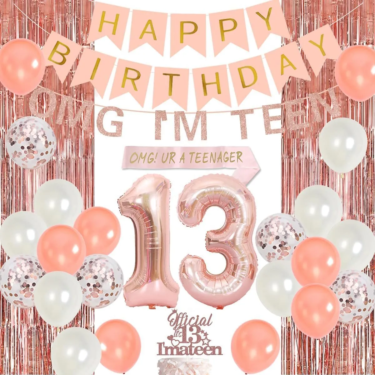 Other Event Party Supplies JOYMEMO 13th Birthday Decorations Rose Gold Balloon OMG UR A Teenager Sash Curtains Banner for Girls 13 Years Old Birthday Party 230309