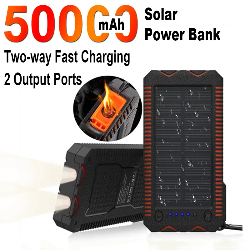 Banco de energía Solar de 50000mAh, batería de respaldo de emergencia impermeable de carga rápida bidireccional con linterna de encendido para iphone xiaomi