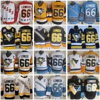 Vintage  Throwback Penguins Hockey 66 Lemieux Jersey Retro Vintage Classic All Stitched Team Black White Blue Yellow Color Sport