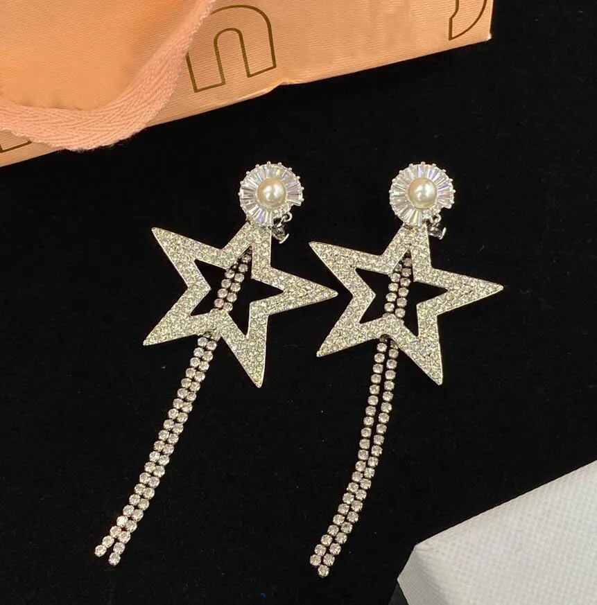 Glitter Full Diamond Designer Dangle Earrings Women Silver Placed Star Tassel Amber Scrop