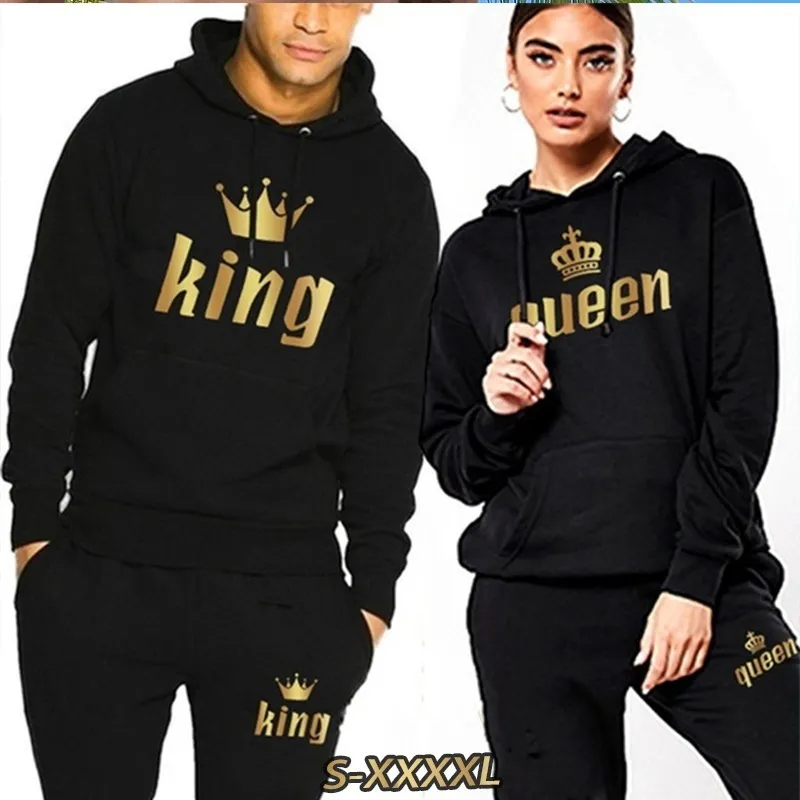 Mens Tracksuits Fashion Par Sportwear Set King eller Queen Printed Lover Hooded Suits Hoodie and Pants 2st Streetwear Men Kvinnor Tyger 230308