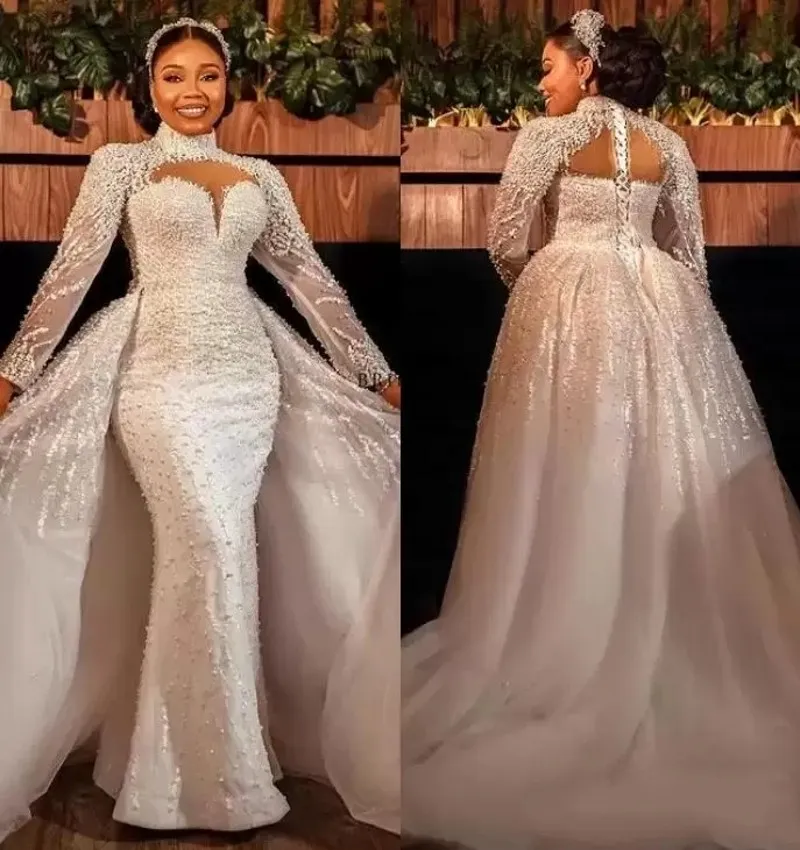 Plus size zeemeermin trouwjurken met afneembare trein 2023 Luxe parels met lange mouwen Luxe Pearls Lace kralen Afrikaanse Aso Ebi Bridal Gown Robe de marizee