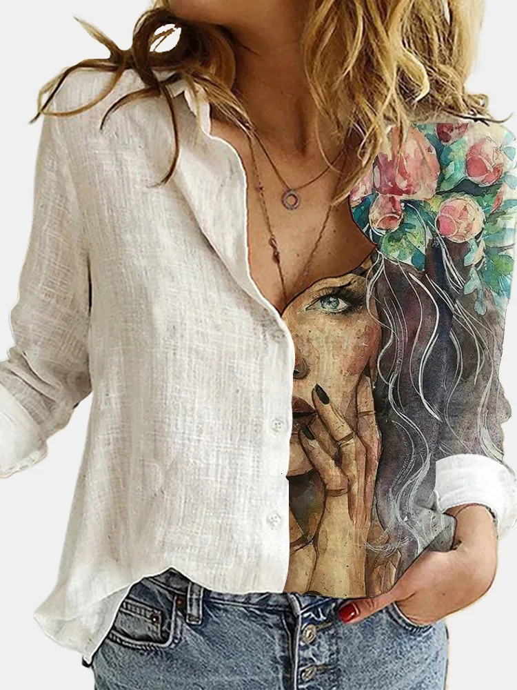 Women's Blouses Shirts Loose Retro Digital Portrait Printing Women's Shirt Casual Button Cardigan Autumn Style Ladies Blouse Ropa De Mujer 230309