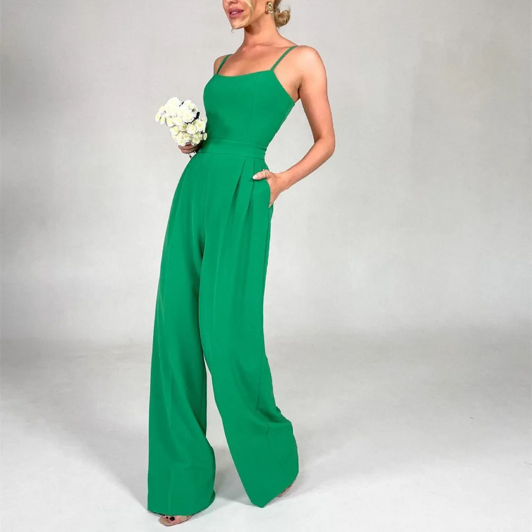 Yeşil spagetti kayış tulum nedime elbiseler imparatorluk cepleri onur hizmeti saten zemin uzunluğu düğün konuk giyer