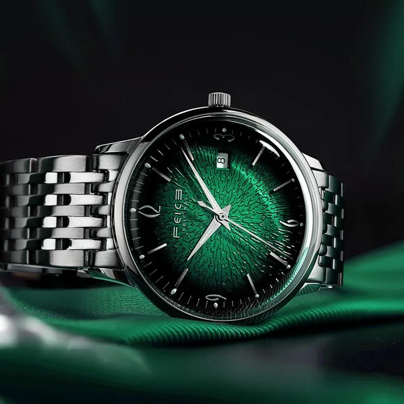 Zegarek feice ultra cienki zegarek Mężczyzn Automatyczne mechaniczne stal nierdzewną lustro Big Green Mila Elegancka FM221REW