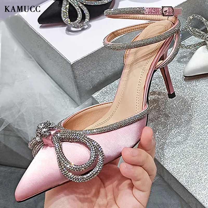 Sandaler Pink Color Womens High Heel Woman Pump Crystal Bowknot Ankle Strap Ladies Prom Shoes Women Women Footwear 230308