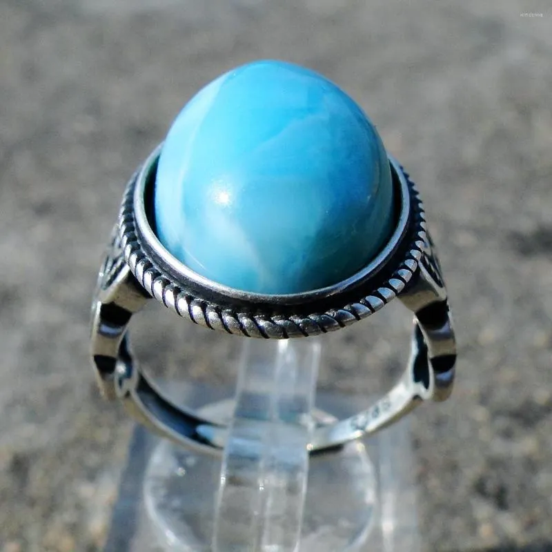 Bagues de grappe prix de gros bague en argent Antique 925 ovale 12x16mm fiançailles en Larimar naturel pour cadeau