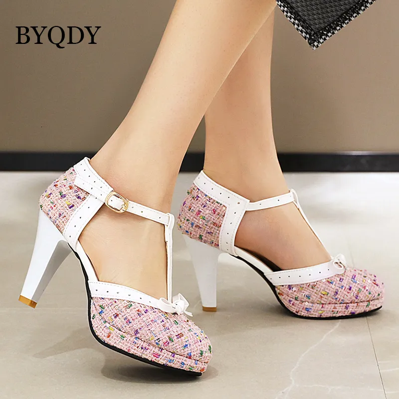 Sukienka Buty Byqdy Fashion Spike Obcowanie Kobiety Pumpy TRSTRAP Z drugiej strony buty platformowe Buty żeńskie Pasek Bowknot Pumps dla dziewczyn 230309