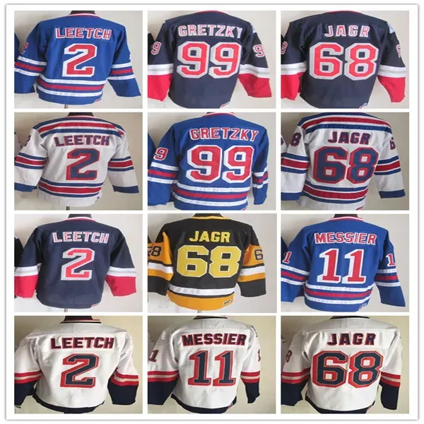 Custom Vintage NY Hockey Jerseys 11 Mark Messier 99 Wayne Gretzky 68 Jaromir Jagr 2 Brian Leetch gestikt Retro Uniforms Marineblauw Wit