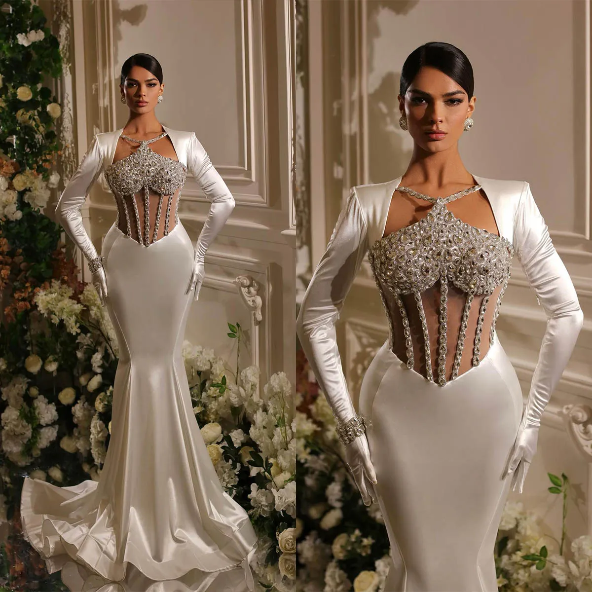 2023 Abiti da sposa a sirena di lusso Paillettes Appliques Pizzo Sexy Sweetheart Maniche lunghe Abiti da sposa Custom Made Sweep Train Vestidos De Novia