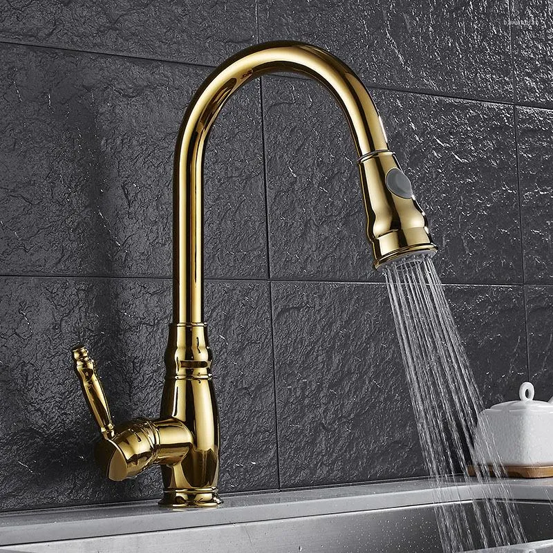 Rubinetti da cucina Ottone cromato lucido Rubinetto per lavabo dorato estraibile Miscelatore monocomando per lavello Rubinetto freddo a 360 gradi montato su piattaforma