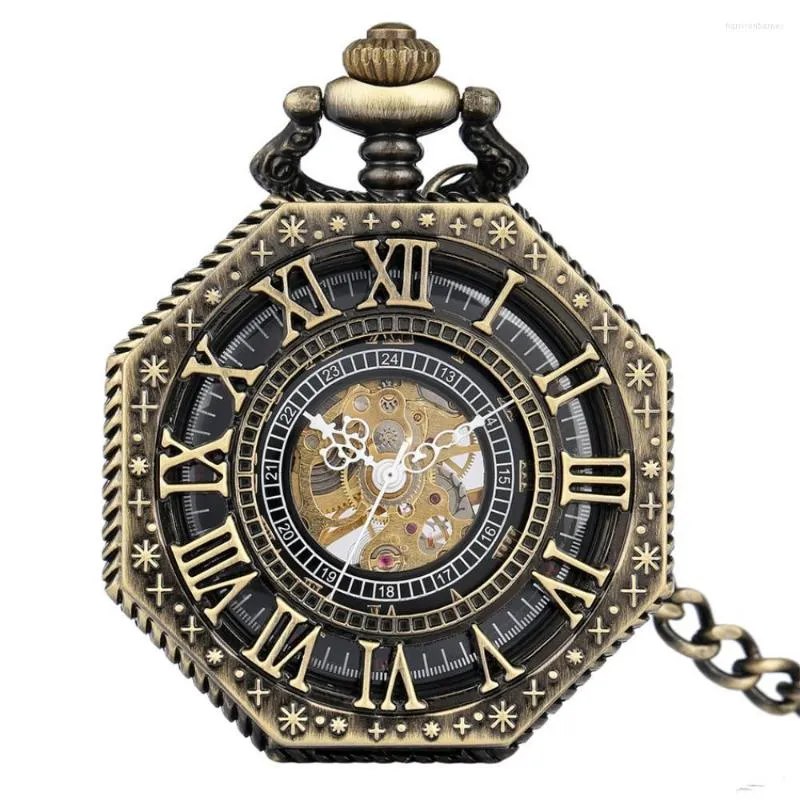 Relojes de bolsillo Octágono Manual Reloj mecánico Vintage Números romanos Cuerda manual Reloj retro Bronce antiguo / negro / plata / cobre rojo