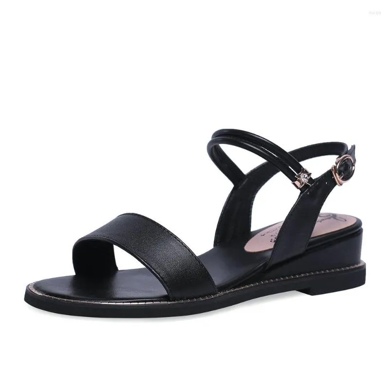 Woman Sandals Wedges Women Shoes Buckle Low Heels Genuine Leather Big Size 901