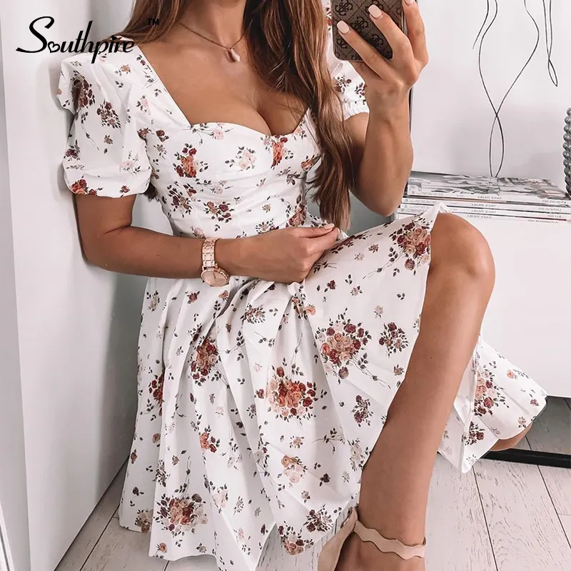 Casual Dresses Southpire Bohe Flower Print White Dresses Women's Short Puff Sleeve Zipper Mini Sundress Elegant Summer Dress Ladies Clothing 230309