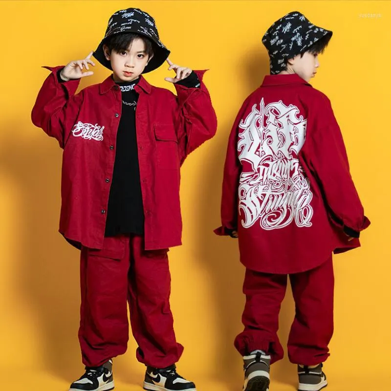 Stage Wear Kids Festival Hip Hop Clothing Red Jacket Vest Tops Cargo Street Jogger Pants For Girl Boy Jazz Dance Costume Teen Clothes