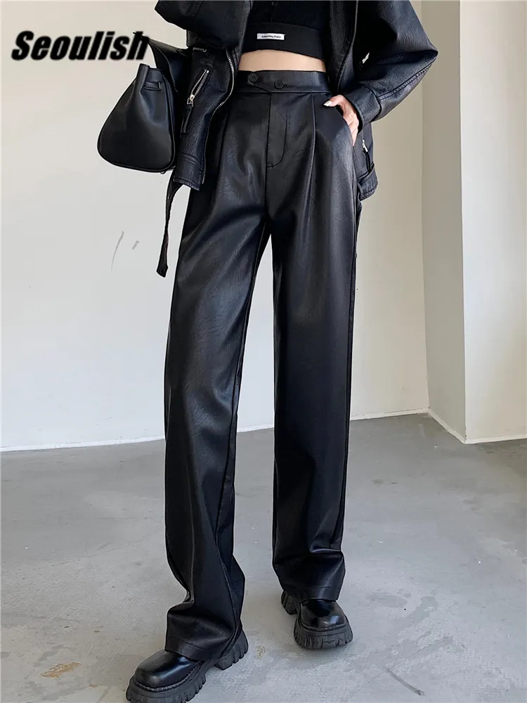 Calças femininas Capris Seoulish Pu Faux Women Wide Leg -Pants Autumn Winter High Buttons Vintage Black Buttons de Streetwear Logo