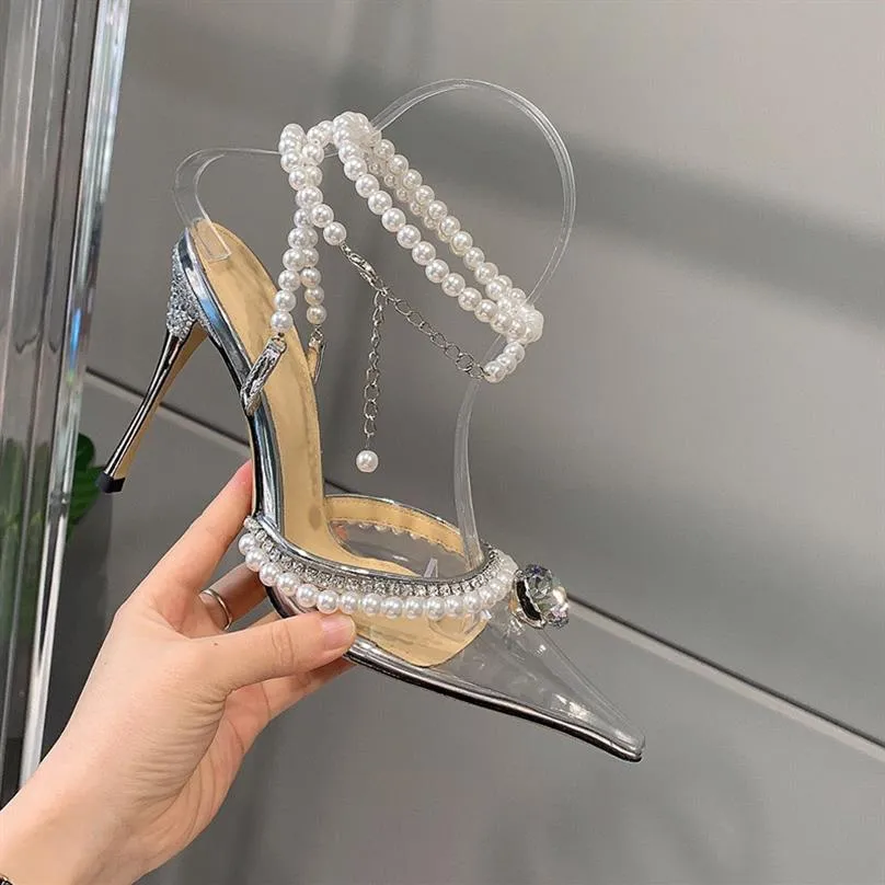 Womens High Heels Party Dress Shoe Transparent PVC Mix Silver Leather with Diamond and Beading Pearl Chain Fashion Sexy320o