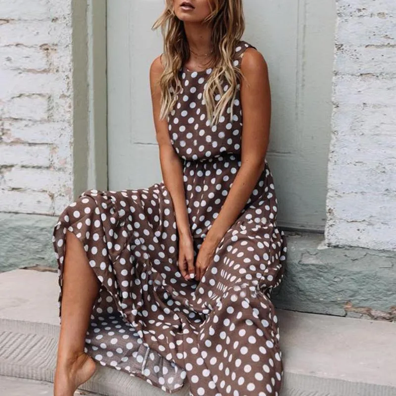 Casual Dresses Loose Sleeveless Beach Long Dress Retro Boho Polka Dot Print High Waist Summer Daily Crew Neck Sundress Mujer Vestidos