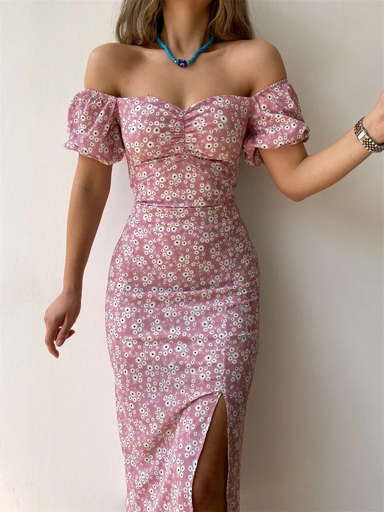 Freizeitkleider Sexy Blumendruck Kurzarm Hip Wrap Partykleid Elegantes schulterfreies rückenfreies Kleid Sommer Taillenschlitz Boho Lange Kleider 230309