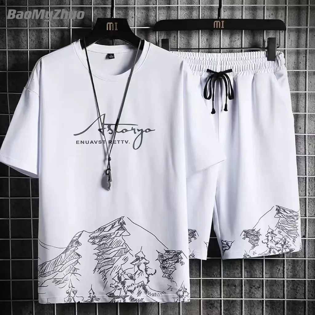 Mens Tracksuits Summer Tracksuit 2 Piece Set Fashion Casual Solid ShortSleeved TShirt and Shorts Sport Suit Breathable Man Clothing 230308