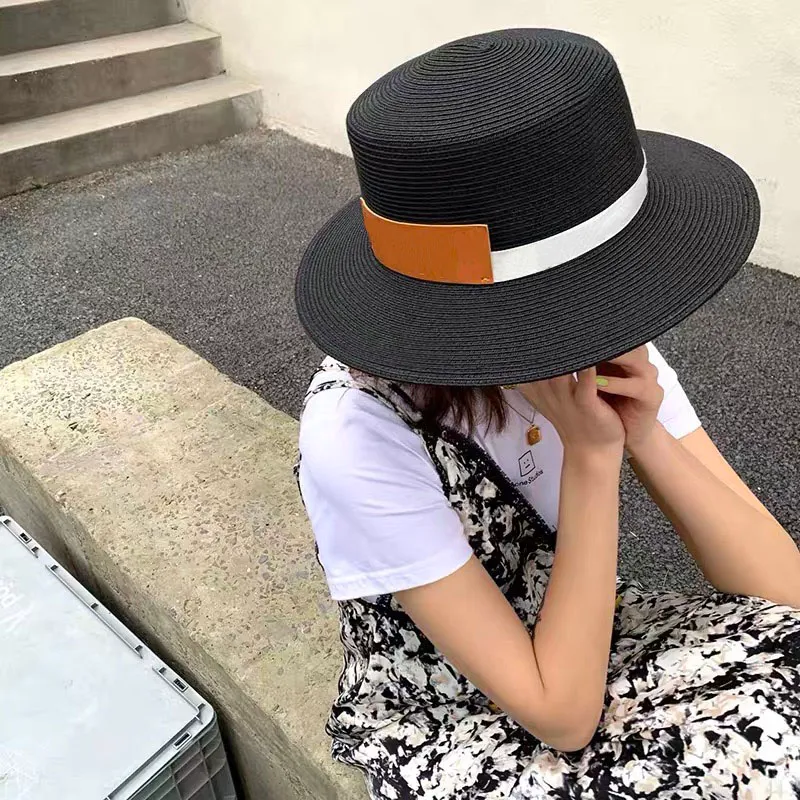 Patchwork Ribbon Women Straw Hats randig ventilation breda grälhattar för Lady Summer Beach Sun Protection Caps