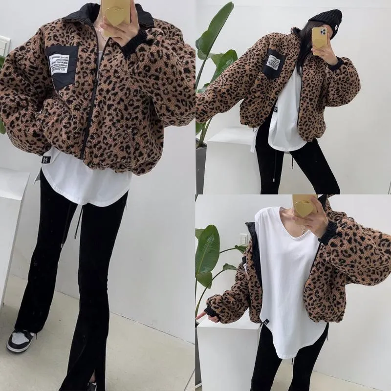 Vestes Femmes Corée du Sud INS à la mode Col montant Léopard Imprimer Hem Corde Lâche Clip Coton Épais Agneau Cheveux Manteau Court Femmes