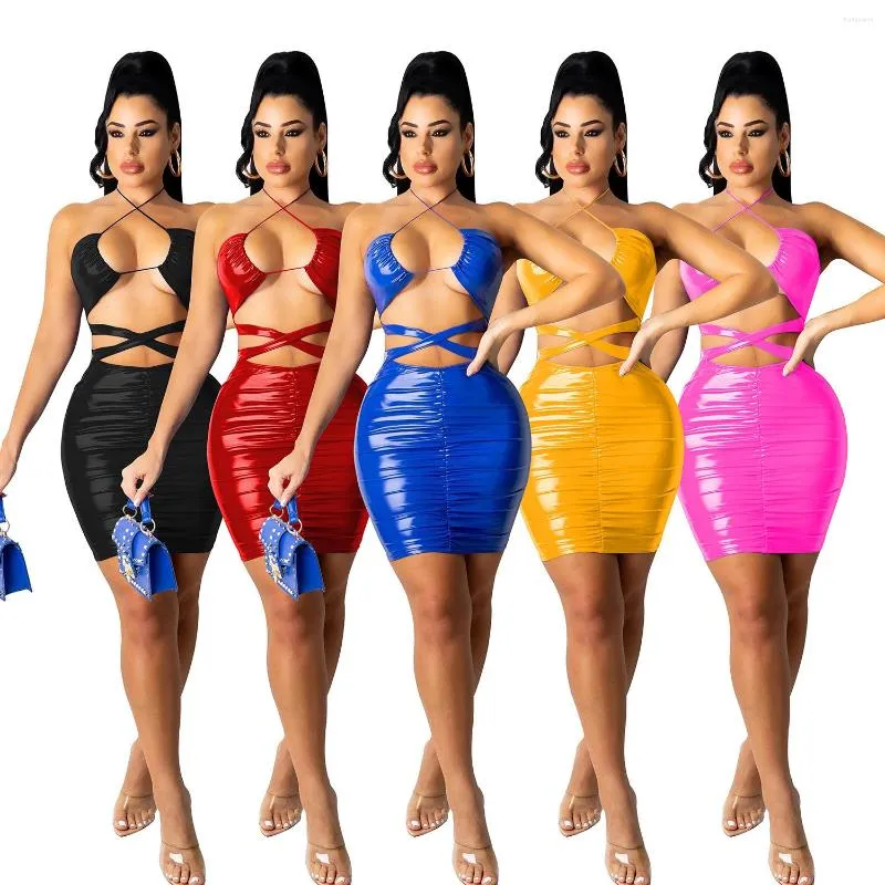 Parti Elbiseleri Seksi Katı Pu Deri Dantel Yukarı Bodycon Mini Elbise Kadınlar 2023Summer Zarif İçi Boş Dışarı Arka Backless Club Vestidos