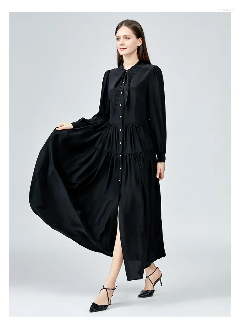 Casual Dresses Silk Office Ladies Long Sleeve Single Breasted Black Woman Dress Autumn Loose Waist Folds Shirt Women AE1225