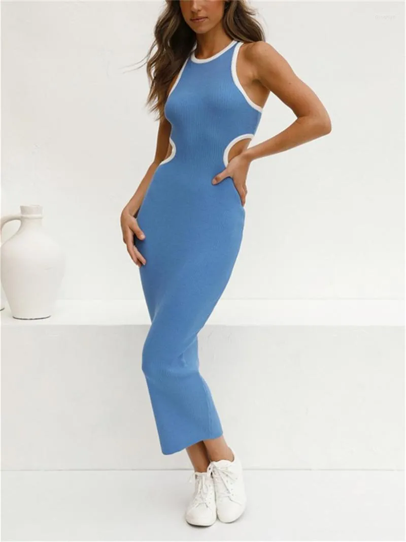 Casual jurken wsevypo zomer gebreide wrap lange jurk dames mouwloze ronde nek holle out bodycon tank feest kantoor kleurblok