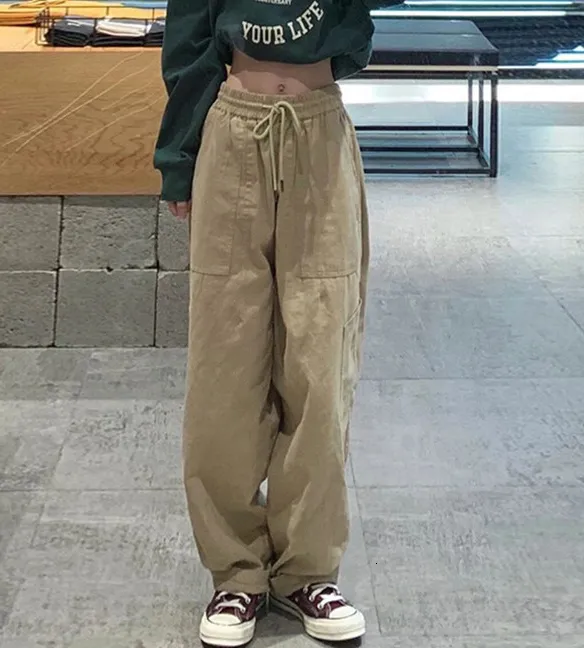 Women's Pants Capris Women Casual Pants Vintage Cargo Pants Drawstring High Waist Trousers Loose Korean Streetwear Joggers Trousers y2k Hip-hop Bf 230309