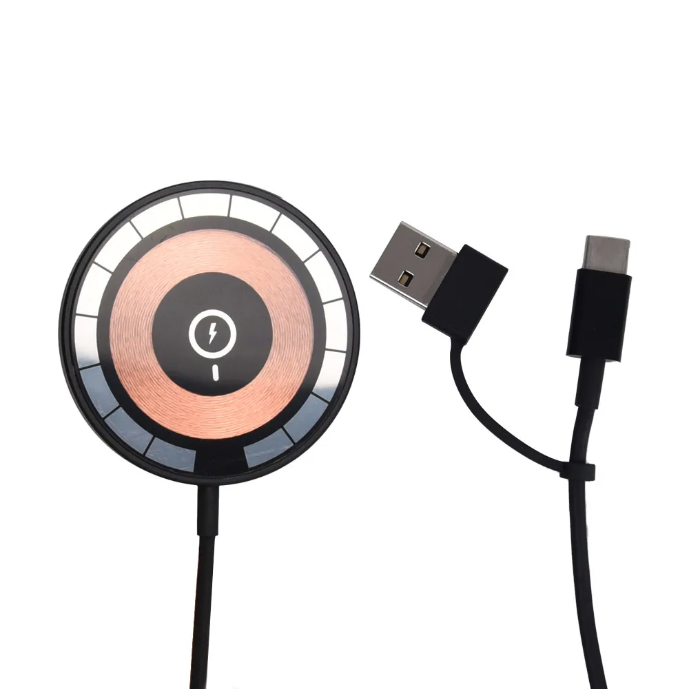 Chargeur QI rapide sans fil magnétique transparent 15 W pour iPhone 14 13 12 Pro Max Plus et autres téléphones de charge sans fil avec câble USB Type-C 2 en 1