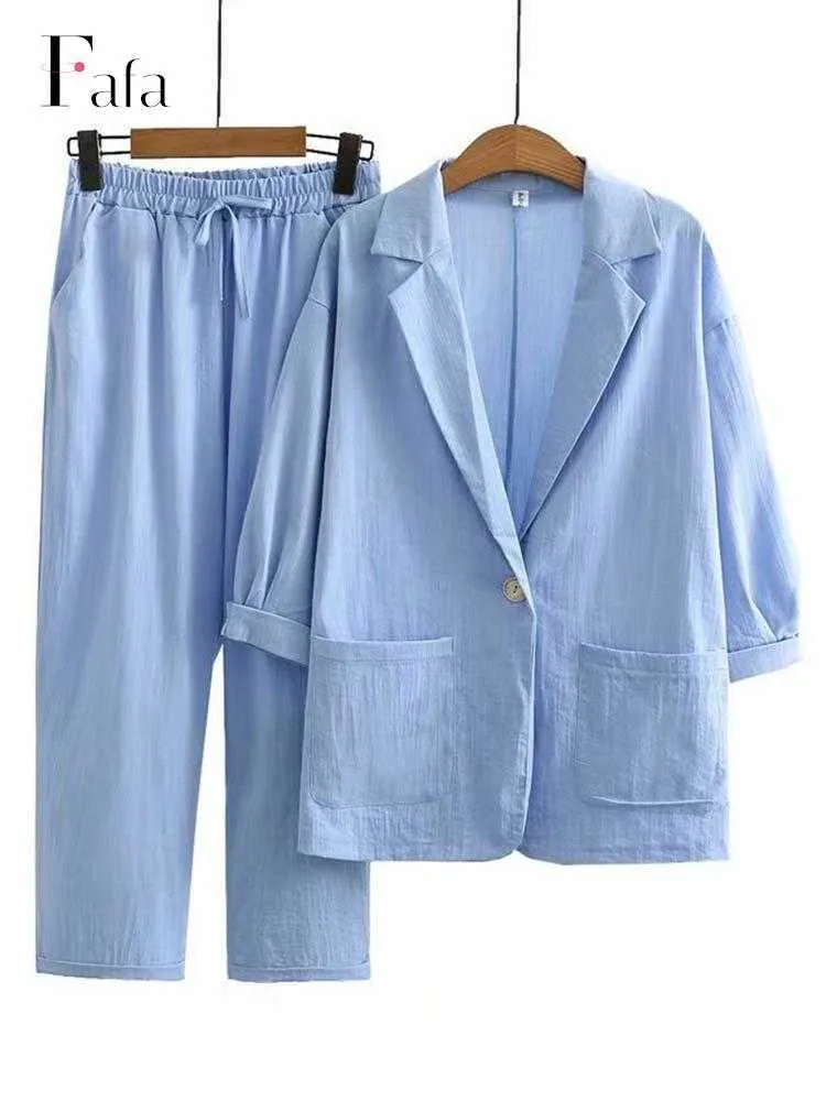 Kvinnors spårdräkter Summer Fashion Cotton Linen Blazer passar Kvinnor Casual Solid Top och Straight Pants 2 Piece Set Female Elegant Loose Outfits L230309