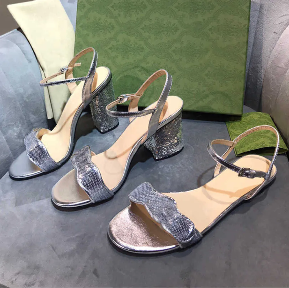 Silver Sequin Marmot Sandals Silver Block Heel Flat 7.5cm 10.5cm With Shoebox Designer Shoes Leather Suede Lady Sandals Metallic Laminate Leather Size 35-41 NO021