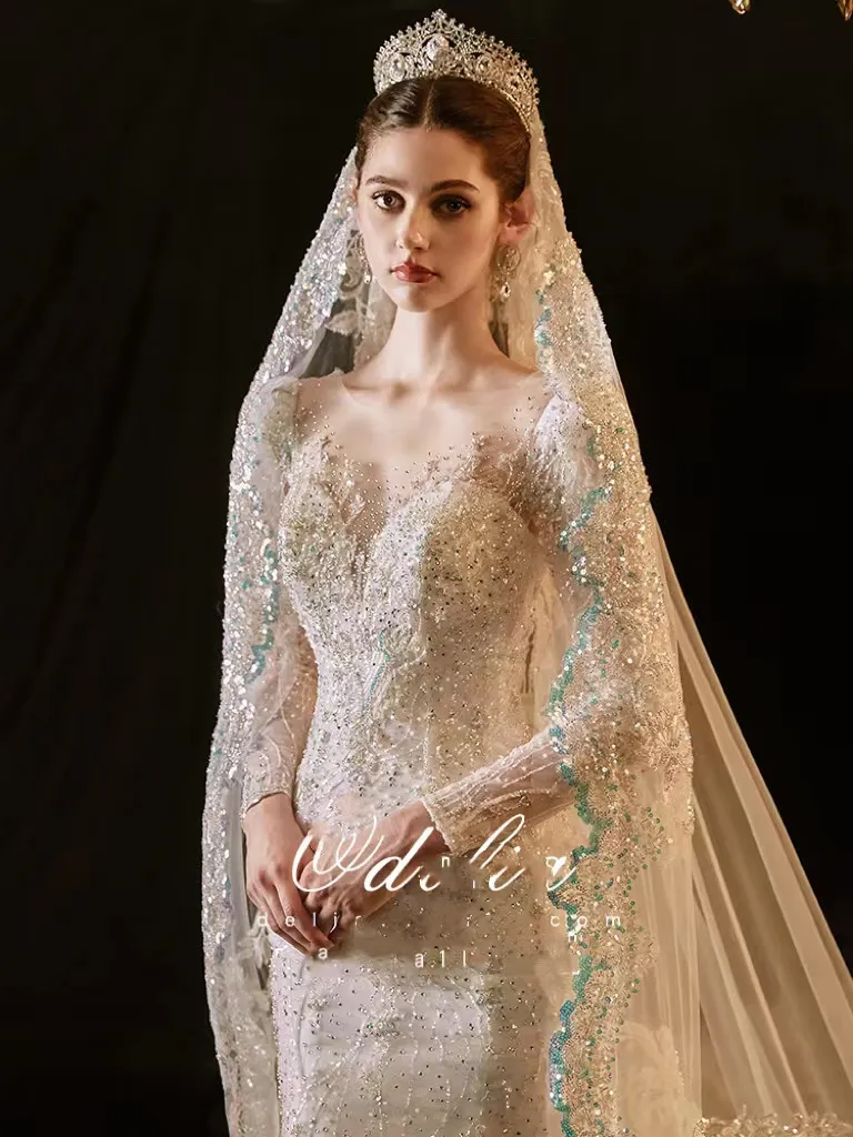 Arabe manches longues sirène robes de mariée Dubaï moderne nouveau 2023 romantique magnifique perles dentelle princesse robe de mariée sur mesure appliques voir à travers