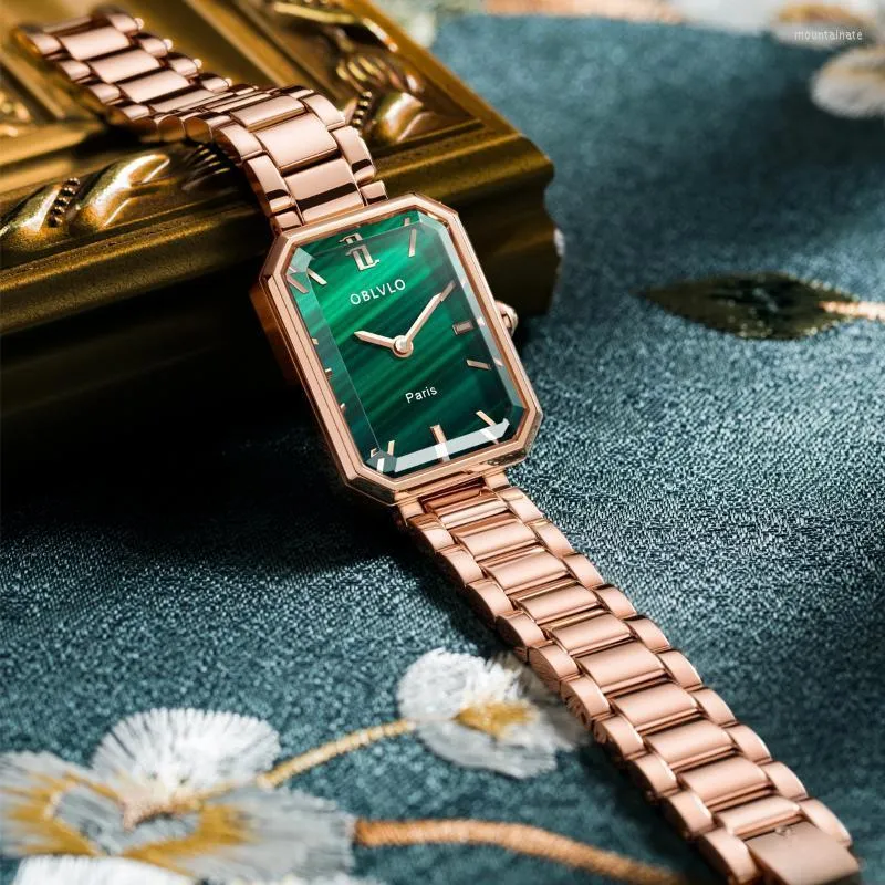 Montres-bracelets De Luxe Vert Montre À Quartz Pour Les Femmes Malachite Bracelet En Acier Inoxydable Saphir Étanche Exquis Rectangle Horloge 27mm LWWristw