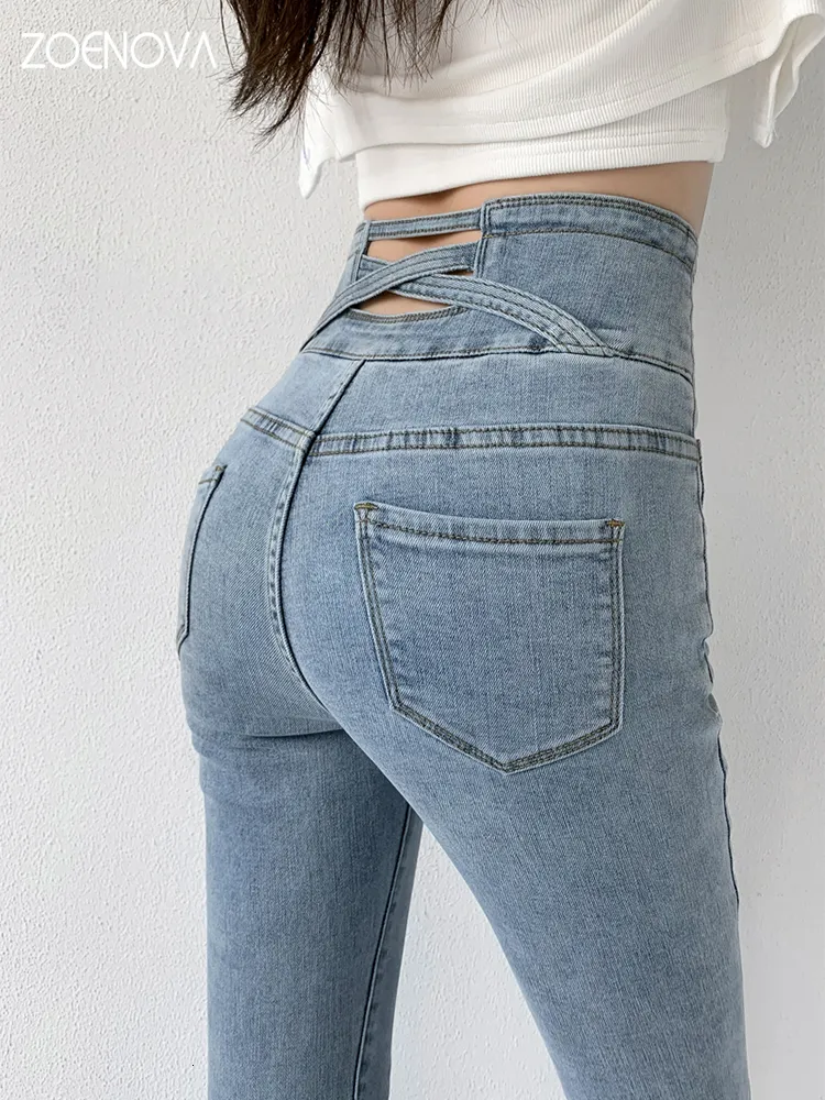 Kvinnors jeans zoenova mager blyerts jeans fyra knappar vintage hög midja kvinnor smala stretch denim byxor täta byxor kvinnors byxor 230308