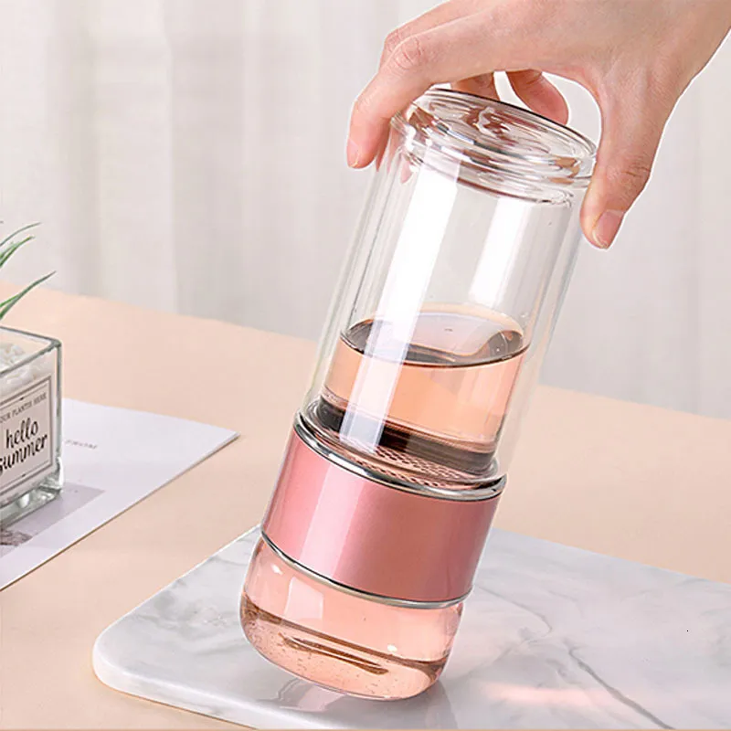 Water Bottles Double Wall Glass Water Bottle With Case Tea Drink Bottle Infuser Tumbler Drinkware Waterbottle Stainless Steel Tea Filter Cup 230309