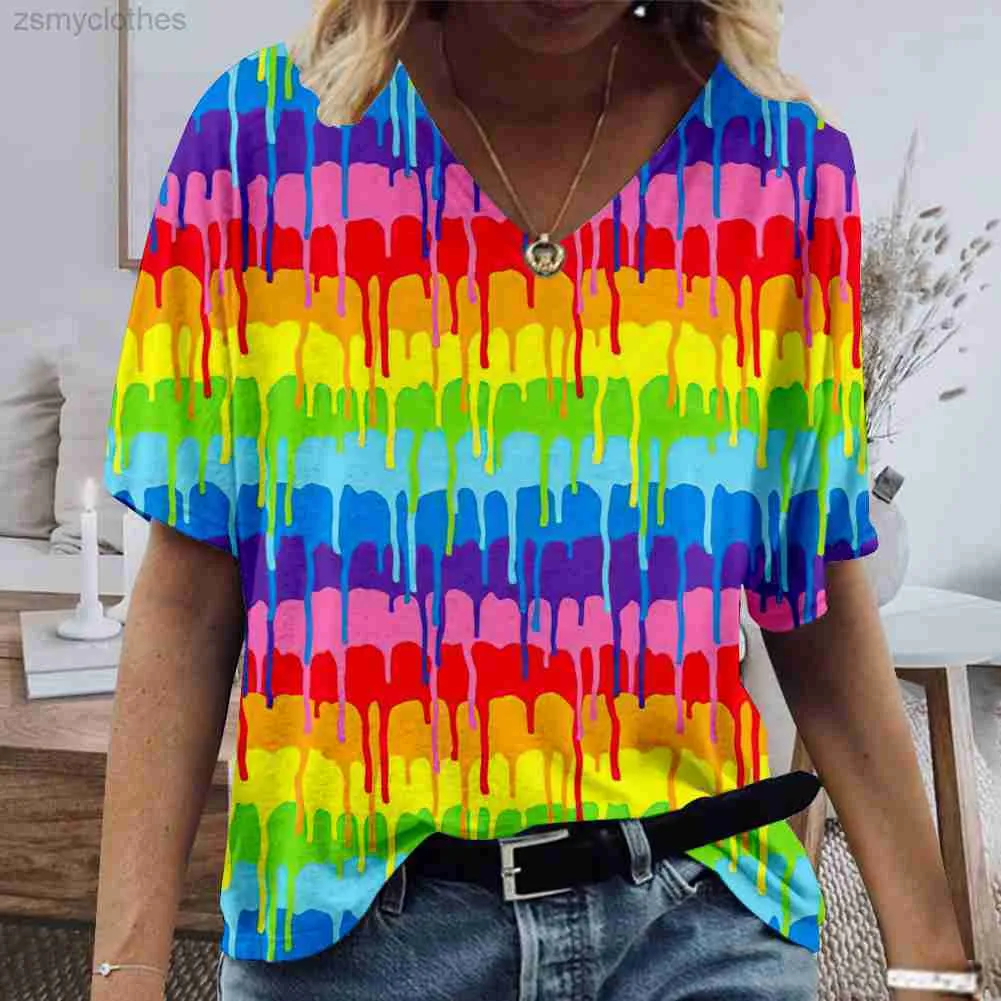 Dames T-shirt Kanchiiii zomer 2022 nieuw damesmode T-shirt 3D printen eenvoudig effen kleurenfoto ademend comfortabel touch regenboog