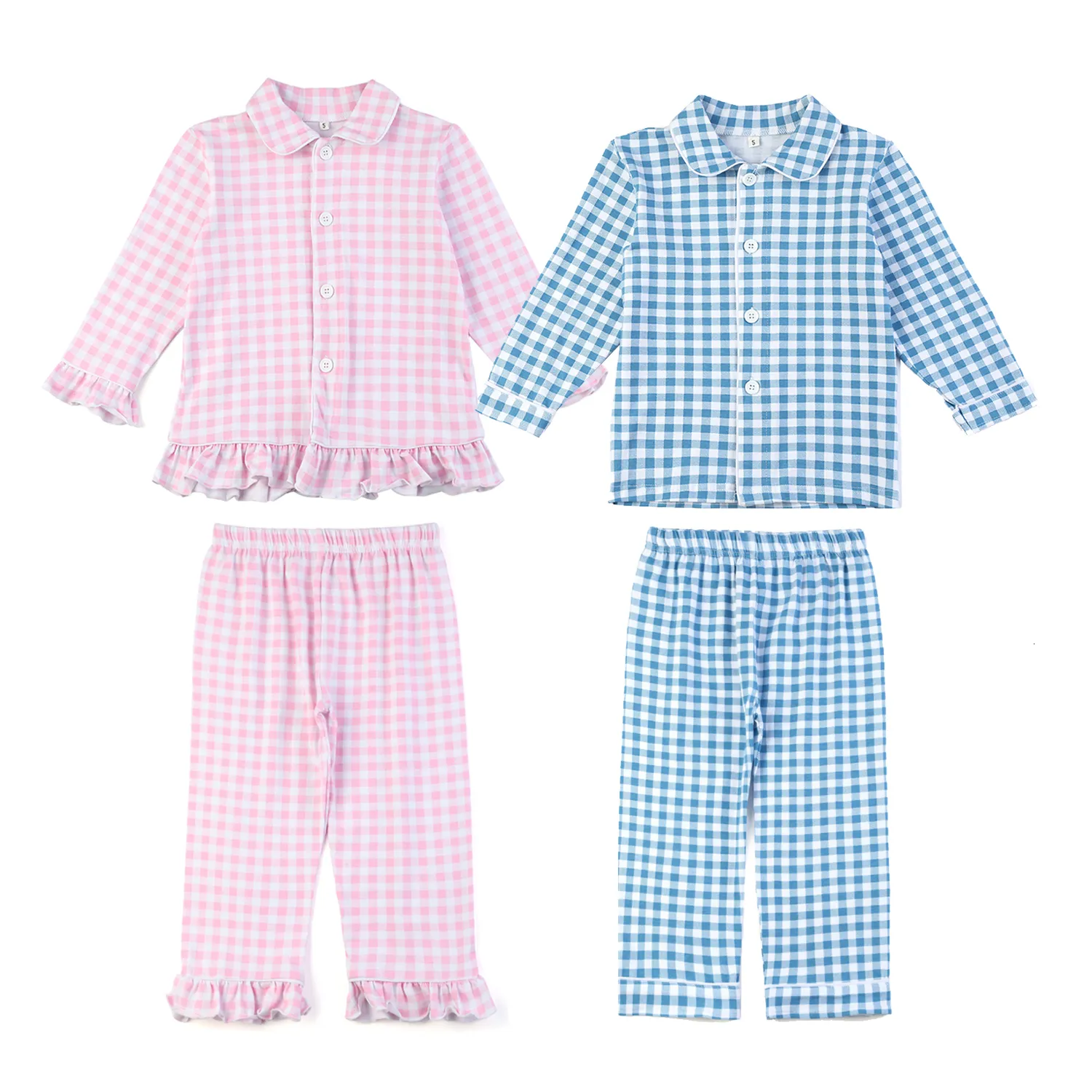 Pyjamas Groothandel Kinderen Paas Pyjama Sets 95% Cotton Boutique Home Wear Gingham Boys and Girls Sleepwear 230310