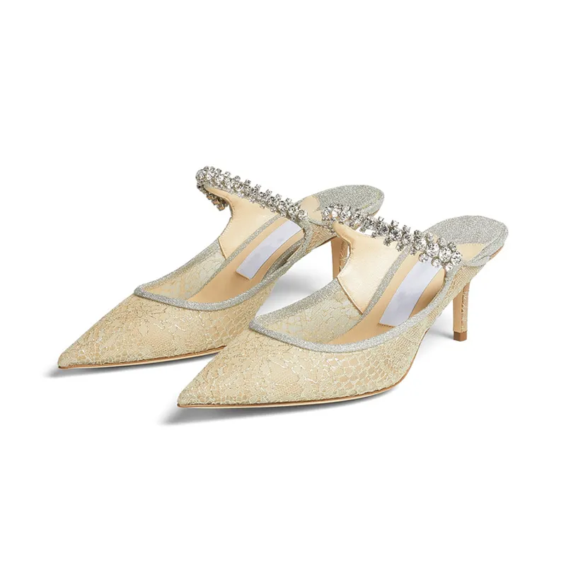 Mode kvinnors sommarsandaler pumpar London bing 65 mm Italien pekade tår slingback crystal ankel rem utsmyckad svart guld rutnät designer höga klackar sandal eu 35-43