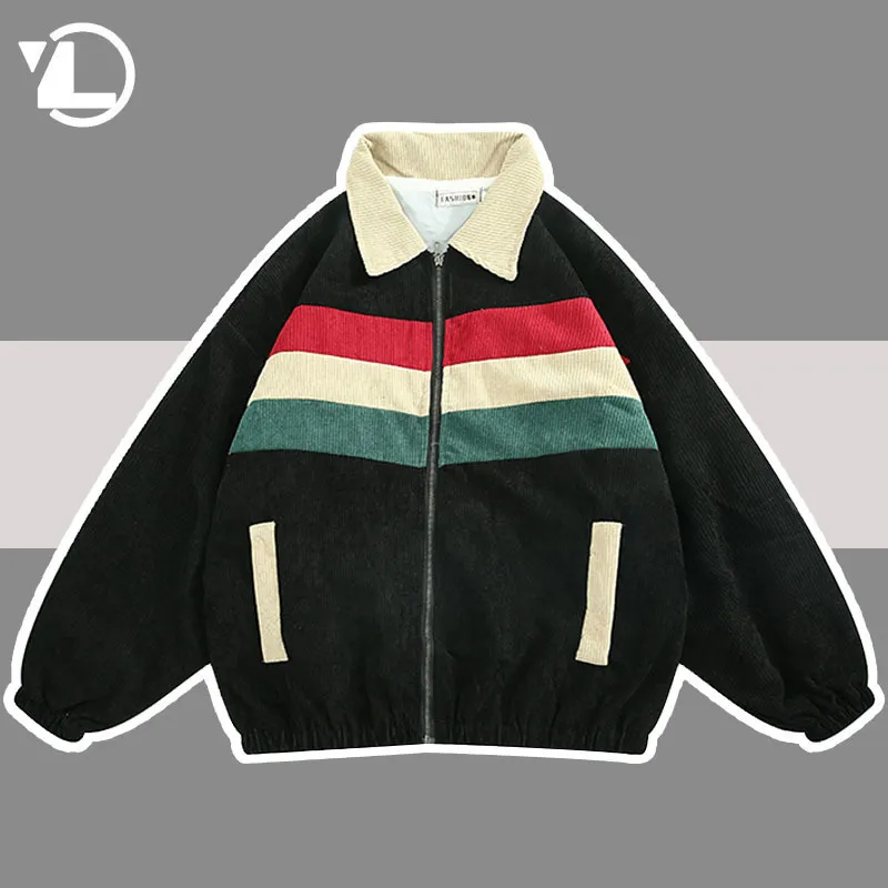 Kurtki męskie Corduroy College Kurtki Mężczyźni Spring Autumn High Street Patchwork Emwear Coats Hip Hop Casual Loose Varsity Jacket Unisex 230310