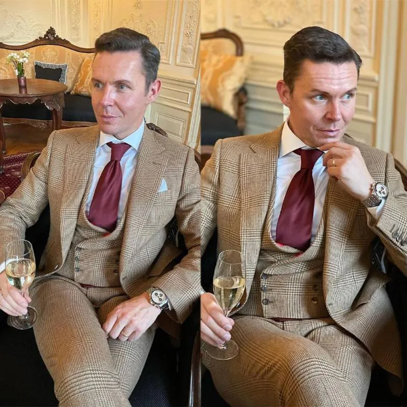 Mäns kostymer blazrar 3 stycken män passar kostym homme pläd brittisk stil singel breasted formell affär bröllop brudgummen kausal prom blazer p