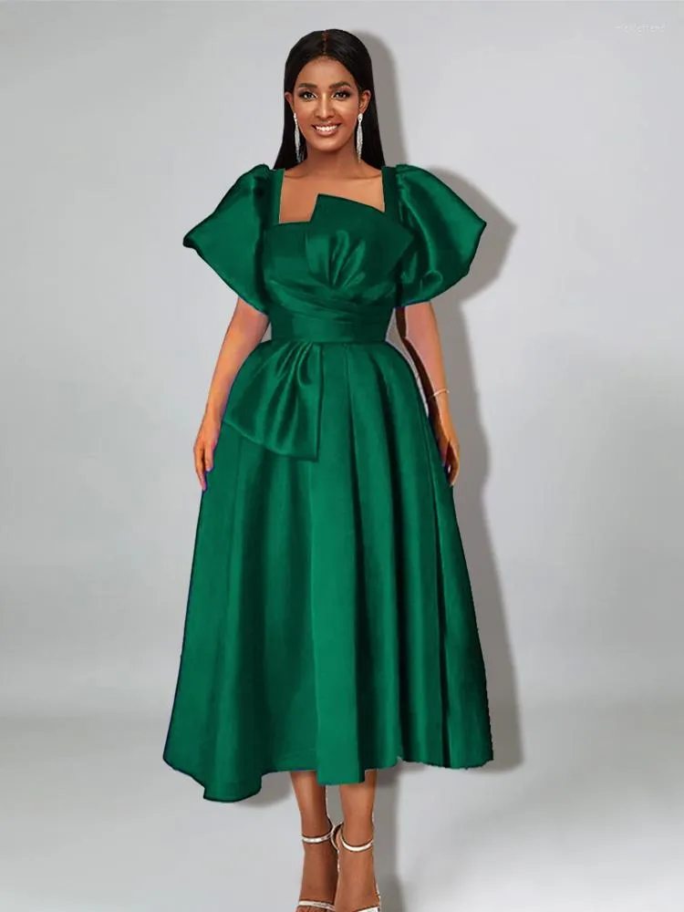 Robes de soirée manches bouffantes robe de bal dames élégantes taille haute plissé vert foncé volants brillant robe de soirée midi 4XL noël