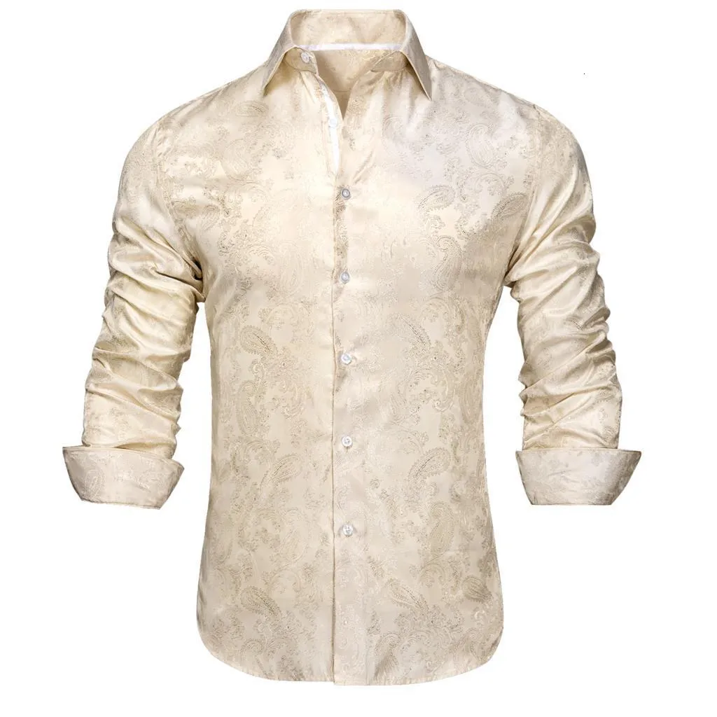 Men s Casual Shirts Hi Tie Ivory Champagne Paisley Silk ShirtLong Sleeve For Men Jacquard Male Business Party Wedding Dress 230309