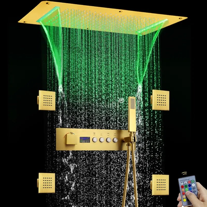 Pommeau de douche LED intégré au plafond, 700x380mm, or brossé, affichage de la température, ensemble de robinets de douche thermostatiques
