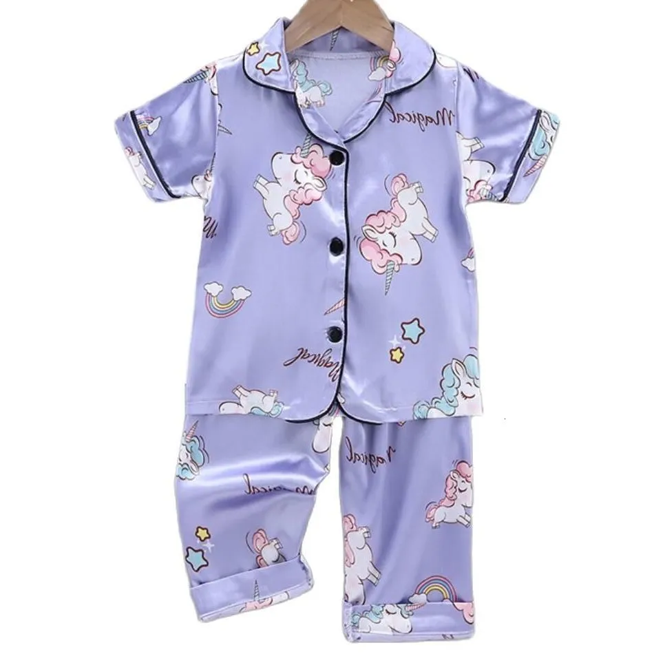 Pigiama 1-10 anni Pigiama per bambini Set Tuta da bambino Abbigliamento per bambini Ragazze del bambino Lce Seta Cartone animato Unicorno Stampe Top Pantaloni Camicia da notte Ragazza 230310