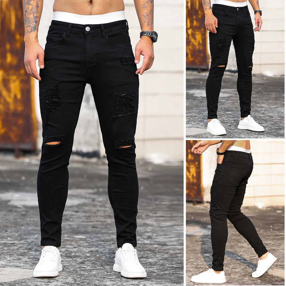 Jeans masculinos 2023 Novo Skinny Mens Black Slim Ripped calça jeans machos jean cor sólida cor diária Hip Hop Hole Men Y2303