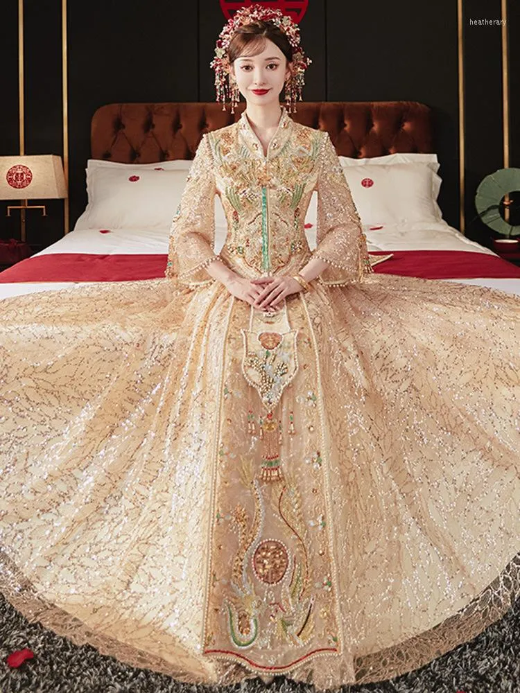Gold Sequin Beaded Embroidered Cheongsam Wedding Dress Traditional Chinese Qipao Vestidos For Marriage Toast And Ethnic Gowns For Wedding From Heatherary 124.84 DHgate.Com