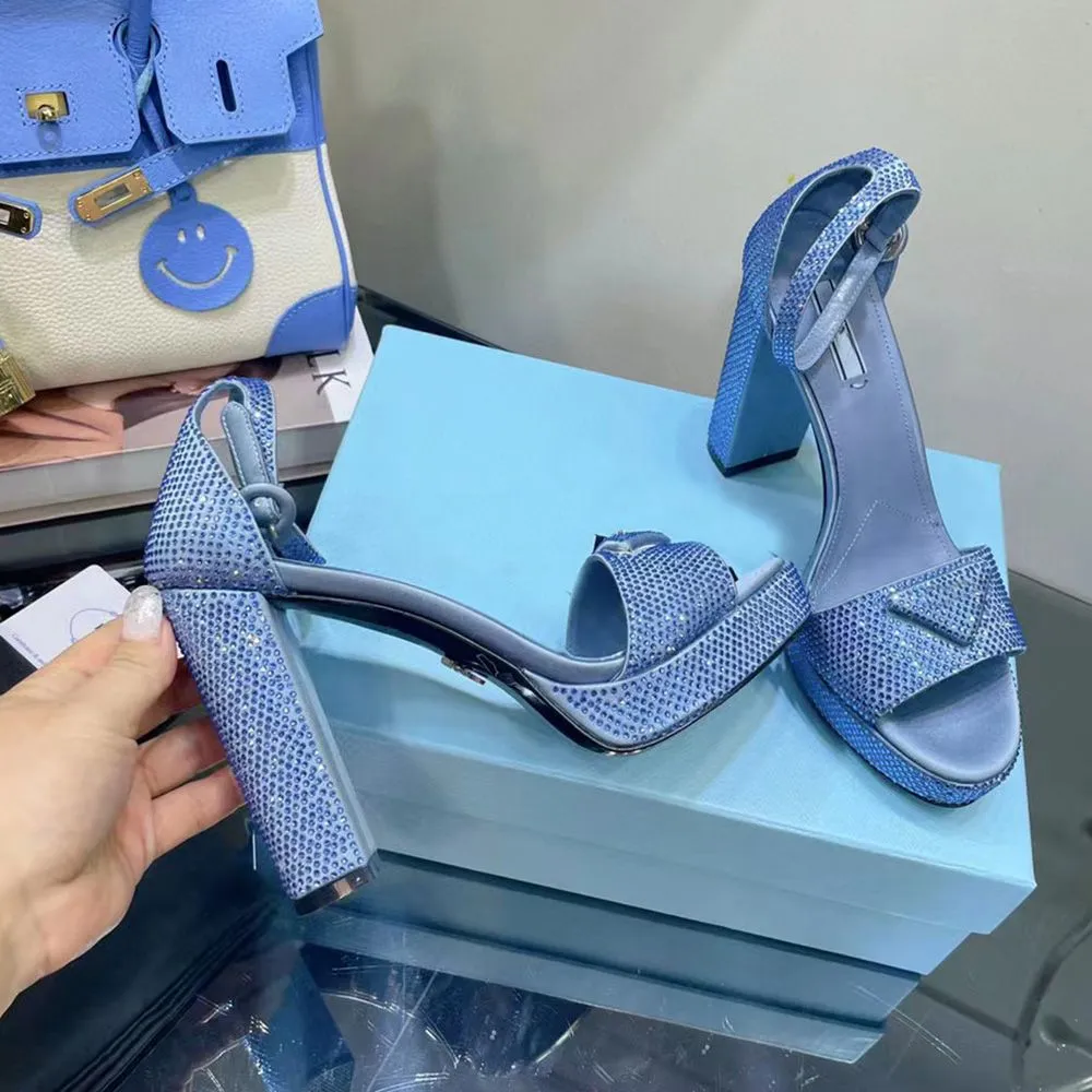 Luxury Designer Platform Diamante Sandals With Chunky High Heels, Ankle